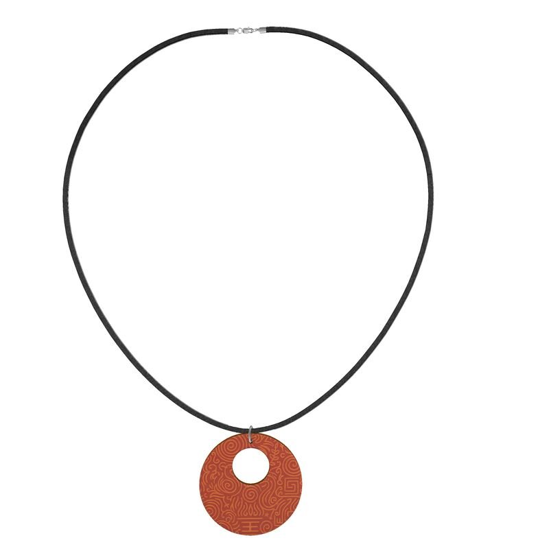 Orange wooden pendant necklace in organic shapes on black faux suede cord — alternate view