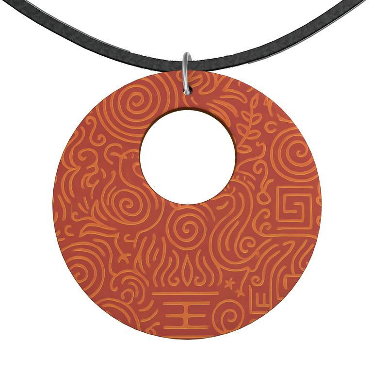 Orange Feng Shui inspired wooden pendant necklace with organic shapes on black faux suede cord