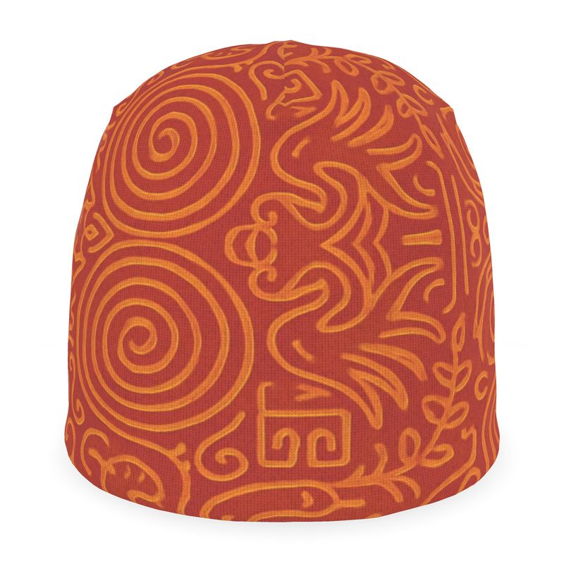 Double-layered orange abstract beanie with reversible turn-up trim, made from recycled poly jersey — alternate view