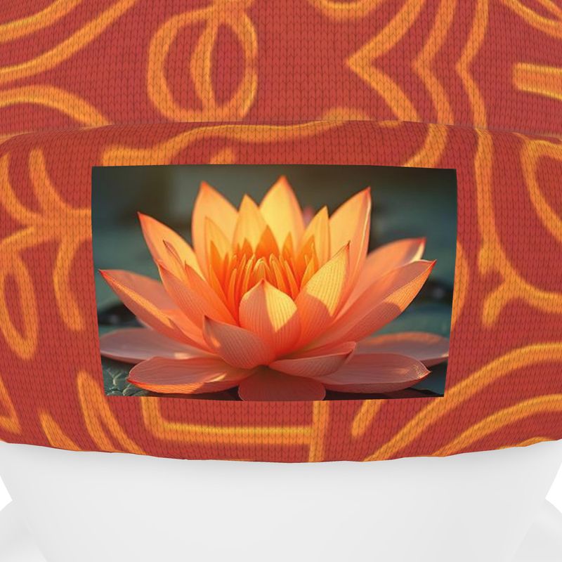 Double-layered orange abstract beanie with reversible turn-up trim, made from recycled poly jersey — rear view