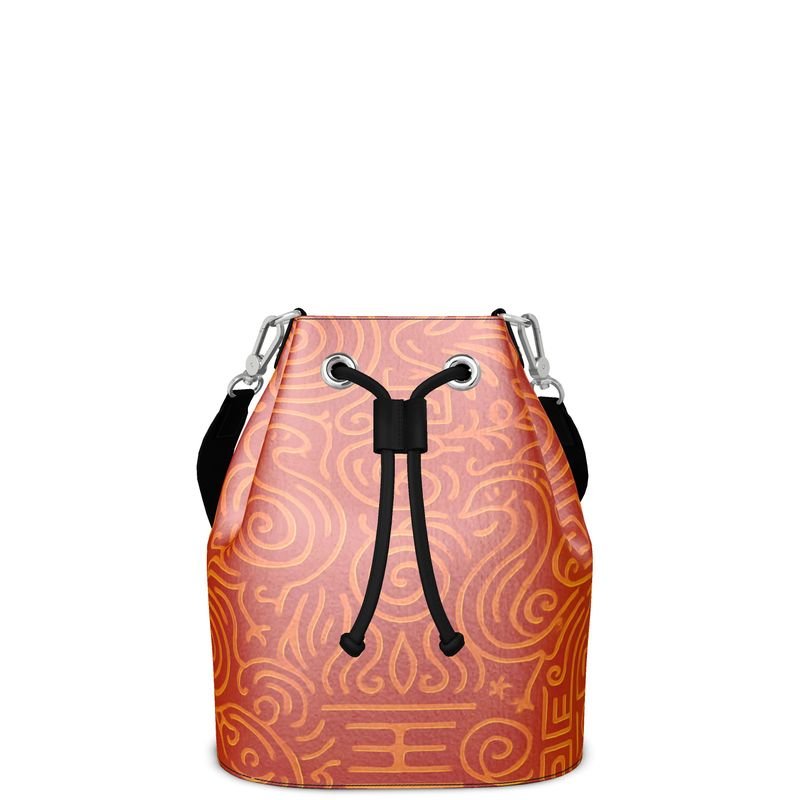Orange abstract Nappa leather bucket bag with drawstring closure and faux suede lining, compact 10 x 9.1 x 4 — alternate view