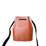 Orange abstract Nappa leather bucket bag with drawstring closure and faux suede lining, compact 10 x 9.1 x 4 — product detail