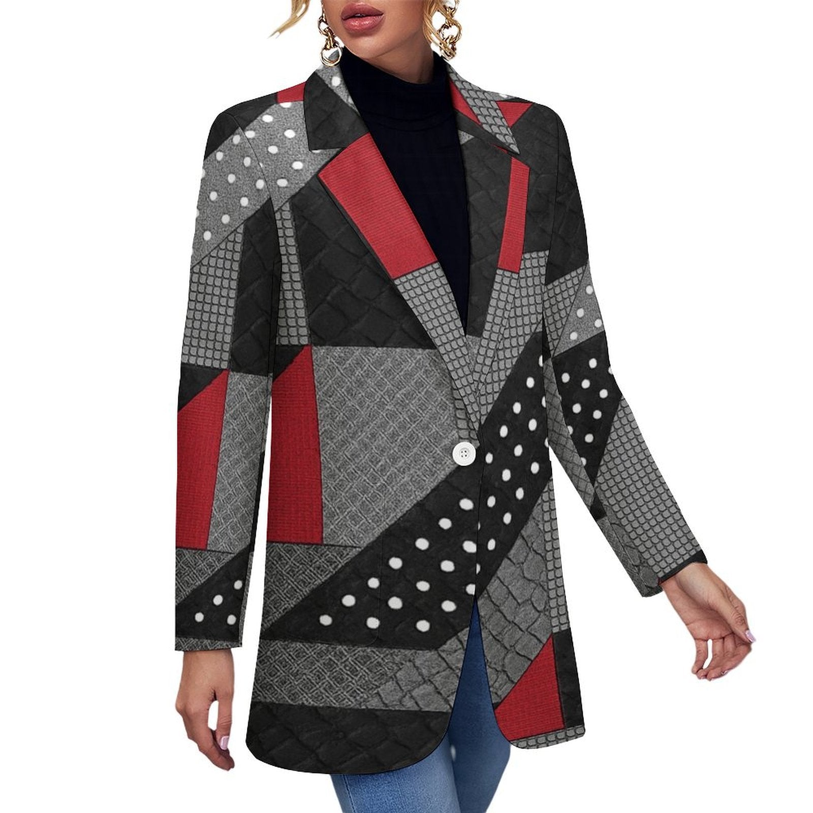 Black and red women's blazer with flat lapel and two front pockets — alternate view