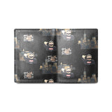 Compact black microfiber bifold wallet with caricature design, clear ID window and multiple card slots — product detail