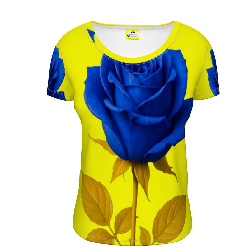 Yellow and rose scoop neck ladies t-shirt with short sleeves and relaxed fit