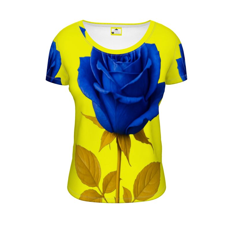 Yellow and rose scoop neck ladies t-shirt with short sleeves and relaxed fit