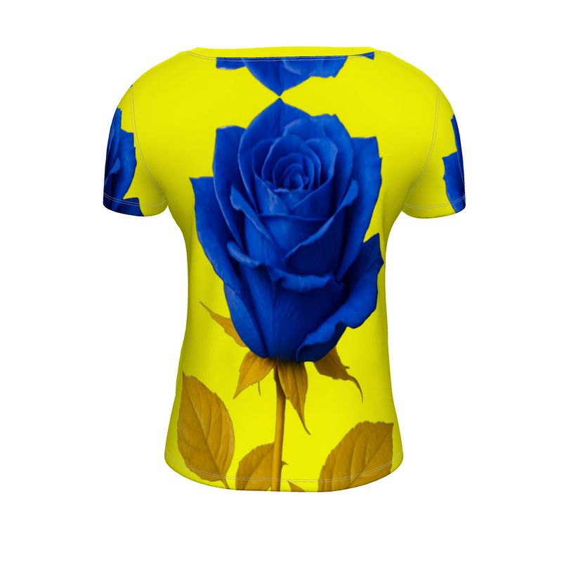 Yellow and rose scoop neck ladies t-shirt with short sleeves and relaxed fit