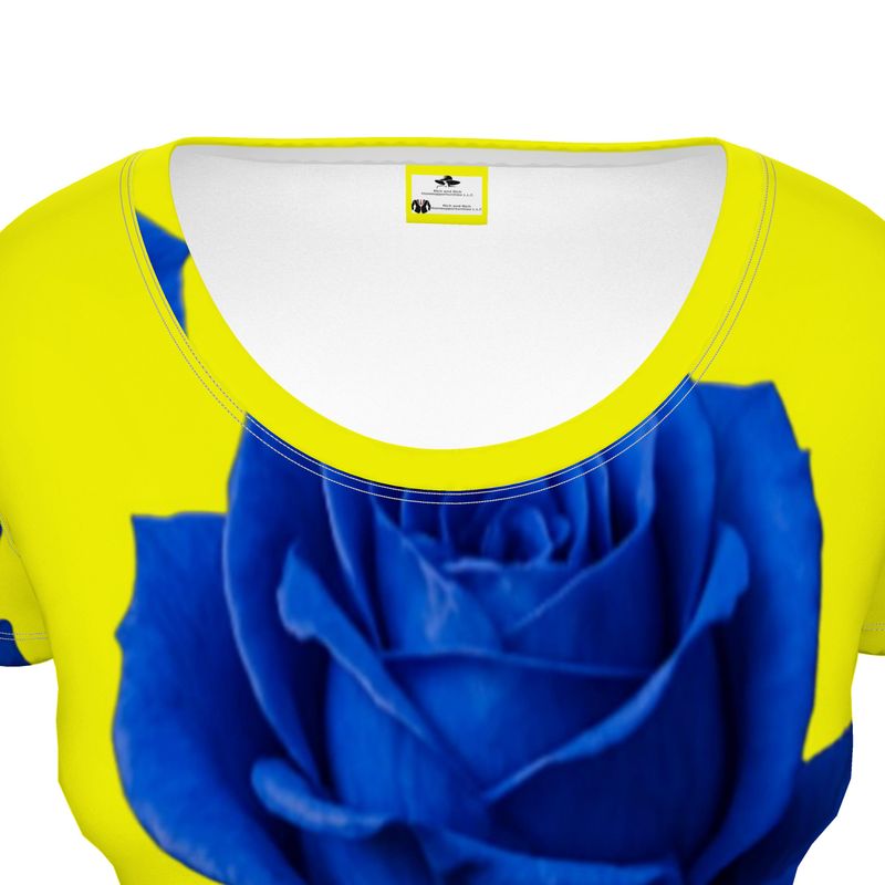 Yellow and rose scoop neck ladies t-shirt with short sleeves and relaxed fit