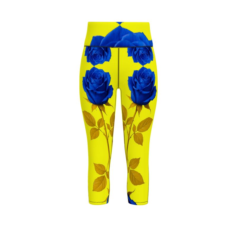 Women's sports leggings with yellow and blue rose print in stretch Flex Sport Lycra, all-over design — alternate view