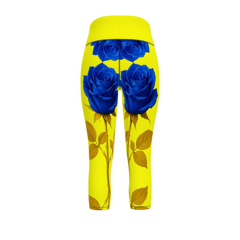 Women's sports leggings with yellow and blue rose print in stretch Flex Sport Lycra, all-over design — side view