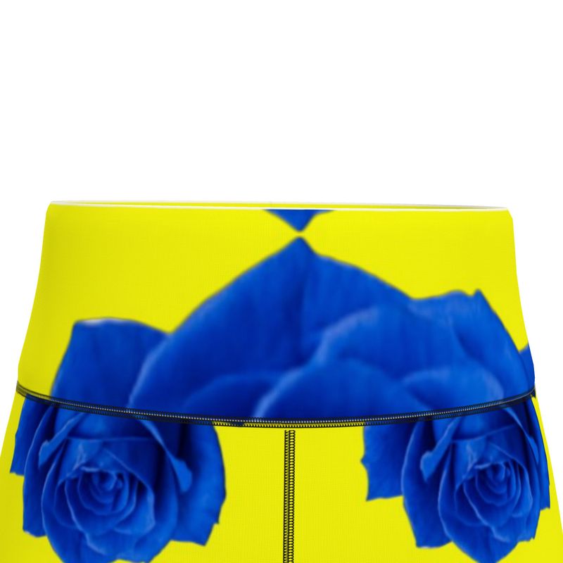 Women's sports leggings with yellow and blue rose print in stretch Flex Sport Lycra, all-over design — rear view