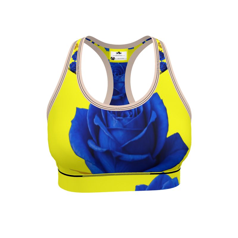 Yellow and rose sports bra in stretch Flex Sport Lycra with supportive compression and wide size range