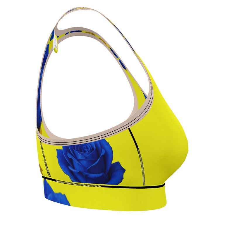Yellow and rose colored sports bra made from stretch Lycra fabric for low-impact exercise