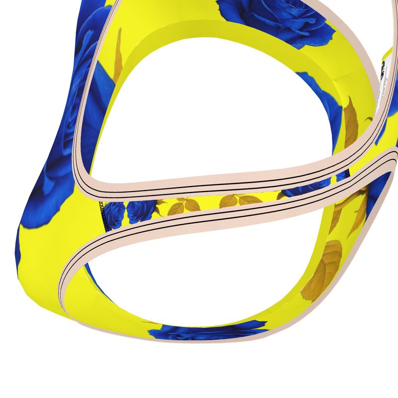 Yellow and rose colored sports bra made from stretch Lycra fabric for low-impact exercise