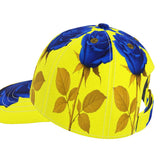Yellow and rose six-panel baseball cap with curved peak and mesh lining in two size ranges — product detail
