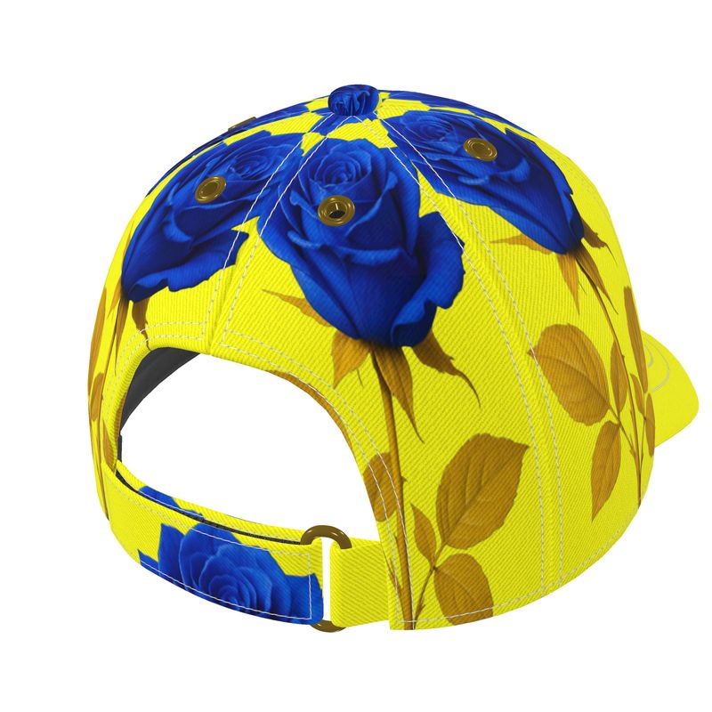 Yellow and rose six-panel baseball cap with curved peak and mesh lining in two size ranges — rear view