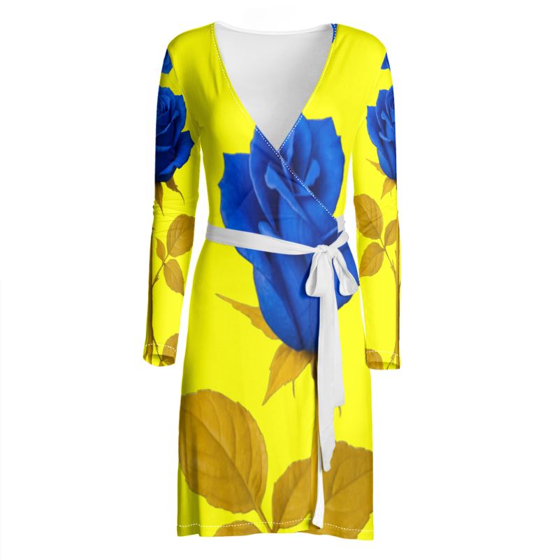 Rich and Rich Yellow and Blue Rose Women's Wrap Dress with vibrant floral design