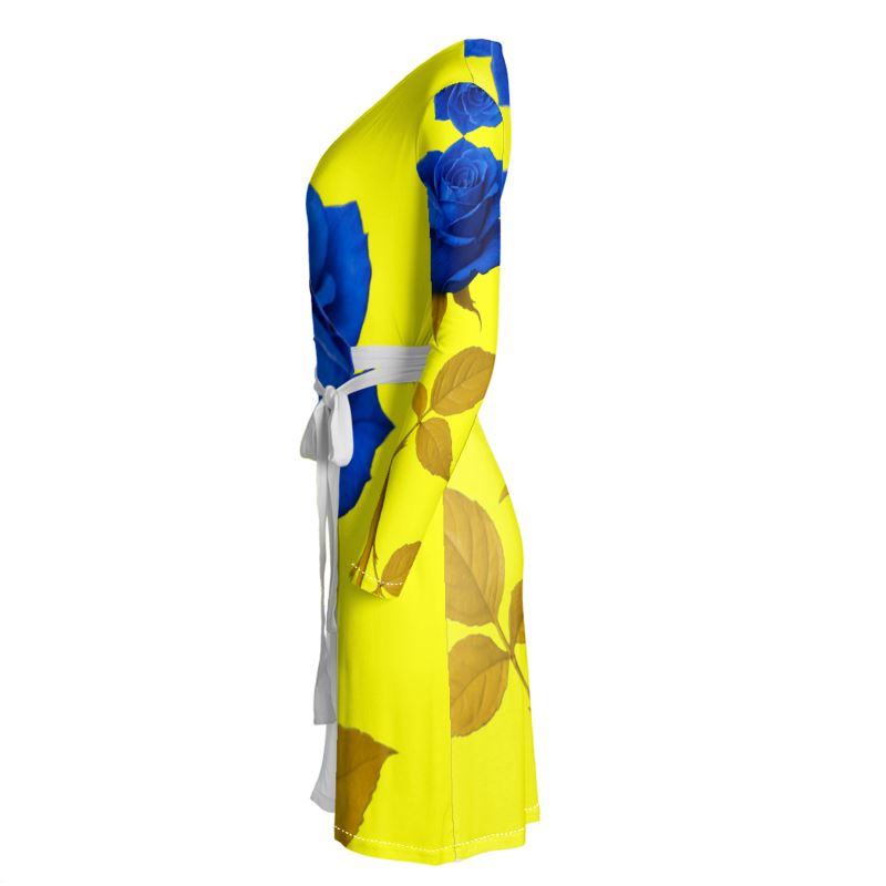 Rich and Rich Yellow and Blue Rose Women's Wrap Dress with vibrant floral design