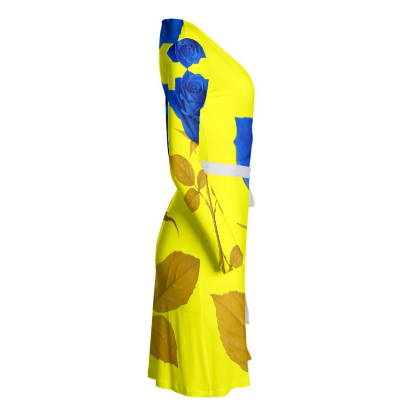 Rich and Rich Yellow and Blue Rose Women's Wrap Dress with vibrant floral design