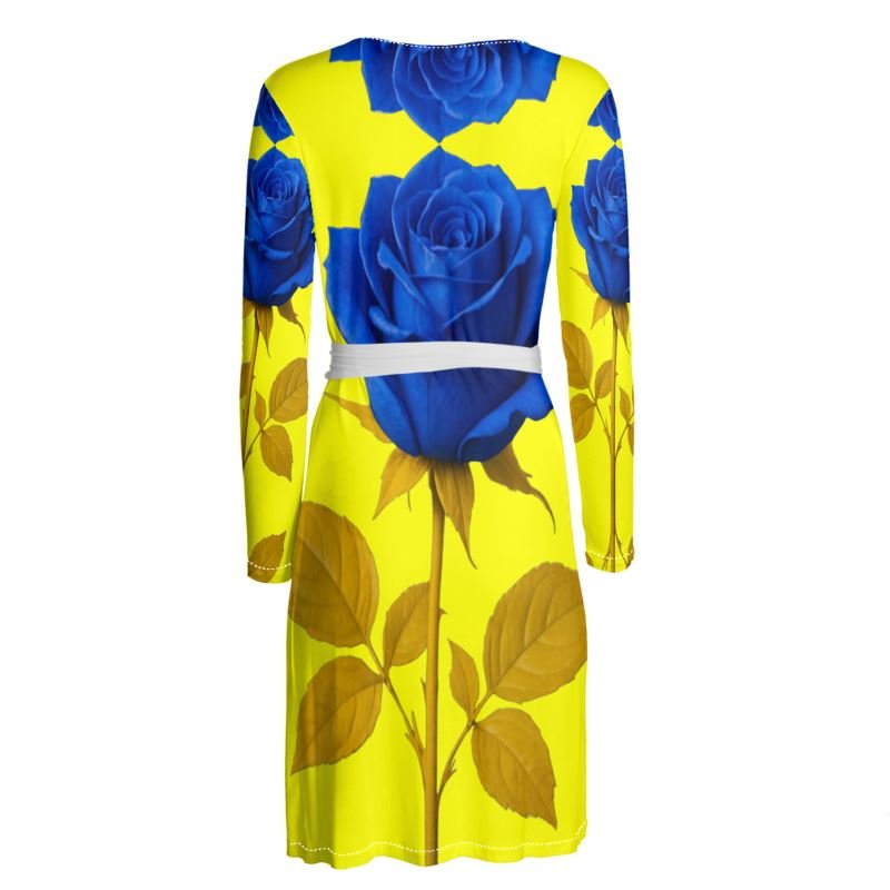 Yellow and blue rose wrap dress with V-neck, long sleeves and belt tie, above-knee length — additional view 9