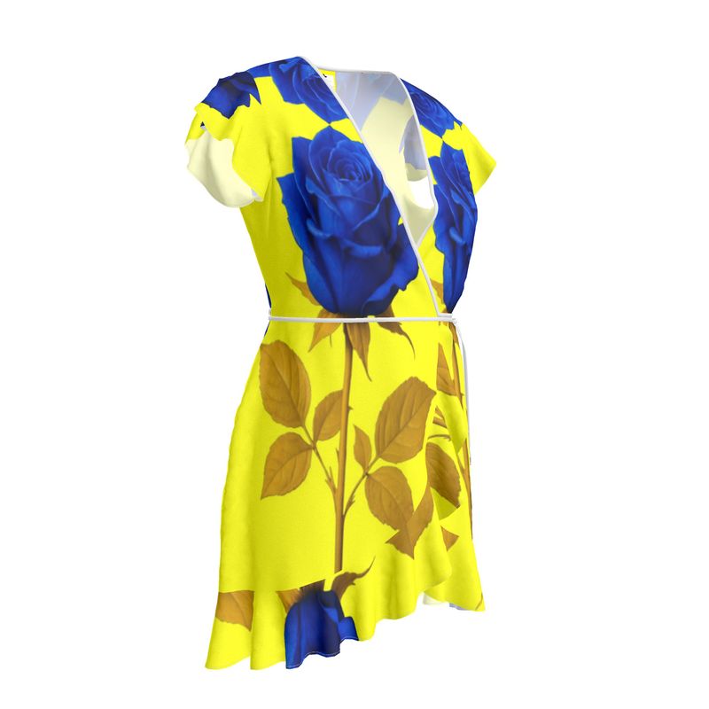 Women's tea dress with yellow and blue rose print, flounce hem and waist tie with buttonhole — alternate view