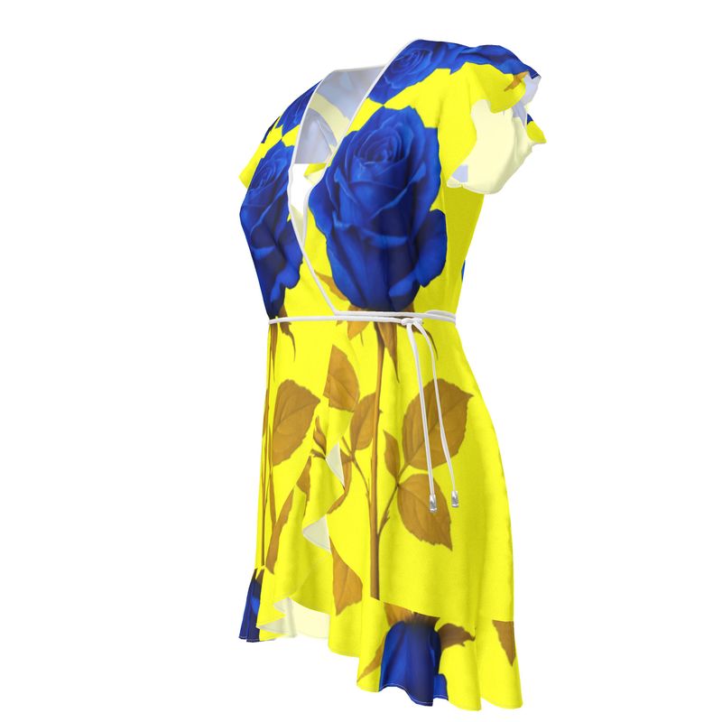 Rich and Rich Yellow and Blue Rose Women's Tea Dress featuring vibrant floral pattern on satin fabric