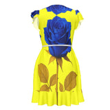 Women's tea dress with yellow and blue rose print, flounce hem and waist tie with buttonhole — additional view 6