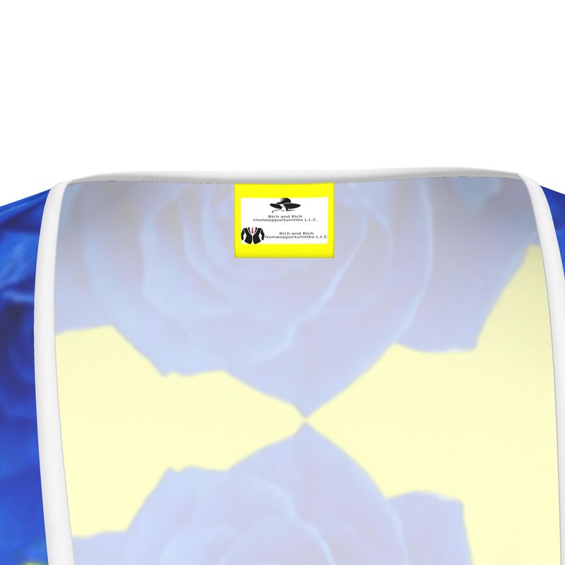 Women's tea dress with yellow and blue rose print, flounce hem and waist tie with buttonhole — additional view 7