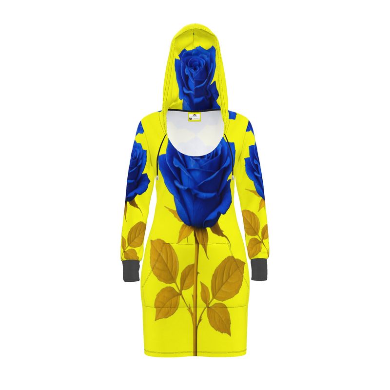 Long-sleeve jersey hoodie dress with kangaroo pocket and drawstring hood in a printed design