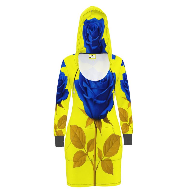 Long-sleeve jersey hoodie dress with kangaroo pocket and drawstring hood in a printed design — alternate view