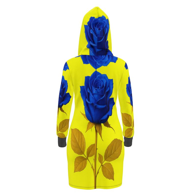 Long-sleeve jersey hoodie dress with kangaroo pocket and drawstring hood in a printed design — product detail