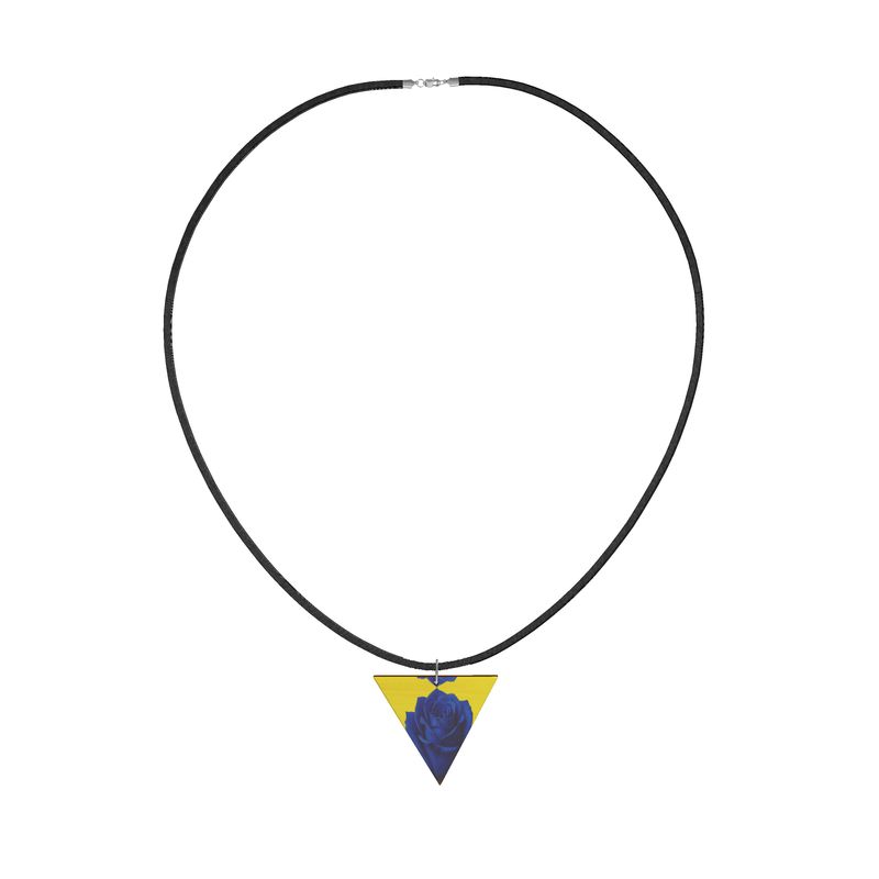 Rich and Rich yellow and rose geometric wooden pendant necklace on black faux suede cord