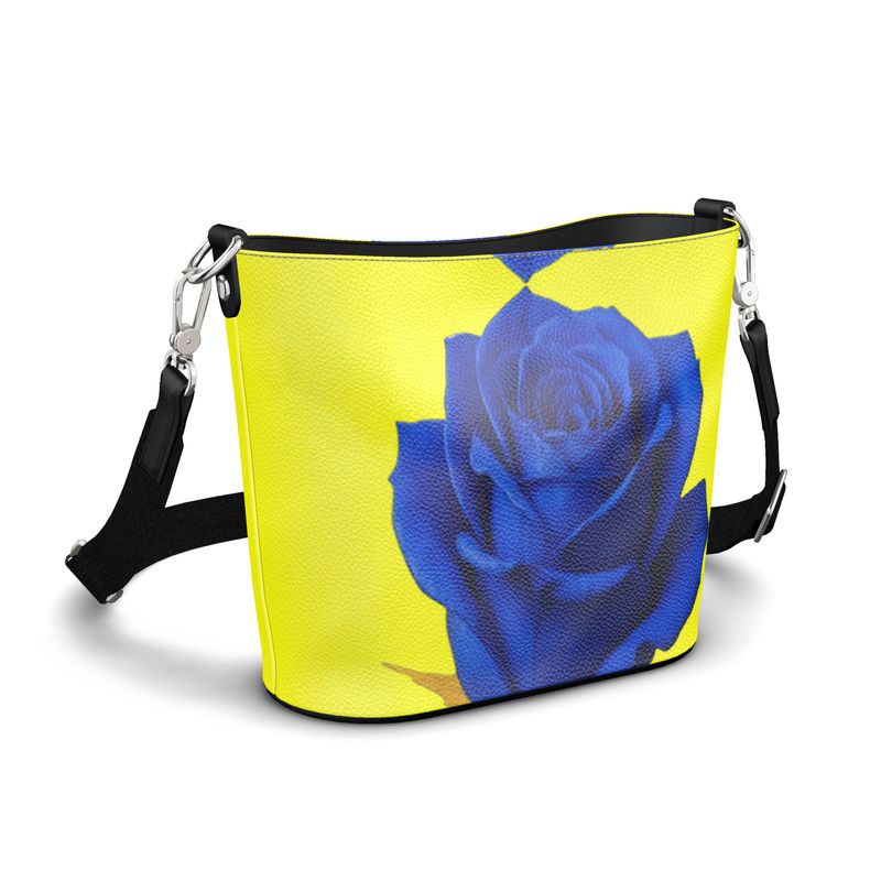 Large Nappa leather bucket tote in yellow and rose with adjustable strap and magnetic closure