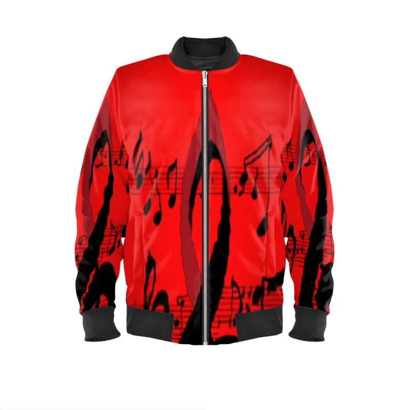 Men's bomber jacket with musical notes print, ribbed cuffs and waist, and a full lining — alternate view