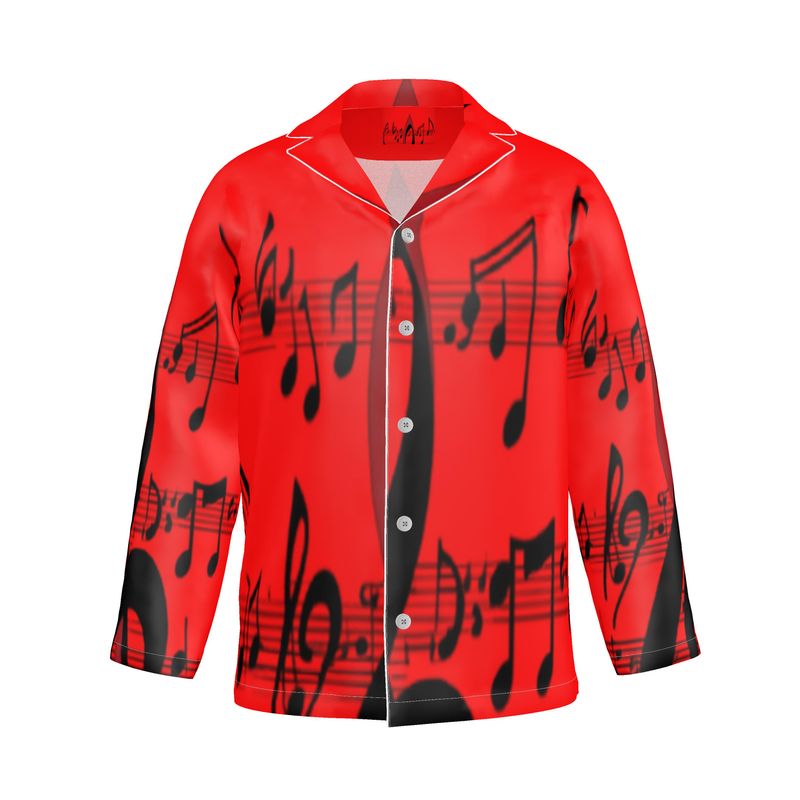 Men's luxury pajama shirt with musical notes print and mother-of-pearl buttons in cotton or silk options — alternate view