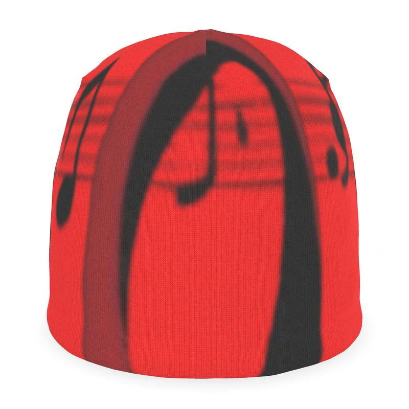 Musical Notes Beanie made from recycled poly jersey with reversible turn-up trim