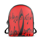 Red Nappa leather backpack with musical notes design and adjustable shoulder straps — rear view