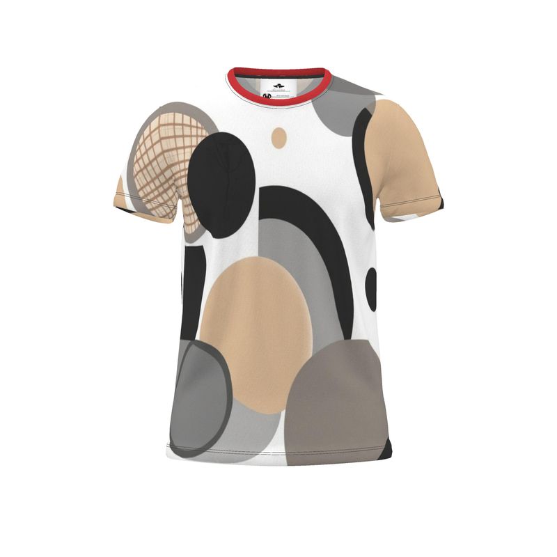 Beige men's T-shirt with circular dimensions print and ribbed rounded neckline — side view