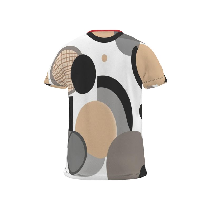 Beige men's T-shirt with circular dimensions print and ribbed rounded neckline — rear view