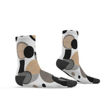 Pair of crew socks with circular dimension print, ribbed cuff and arch support, unisex — rear view