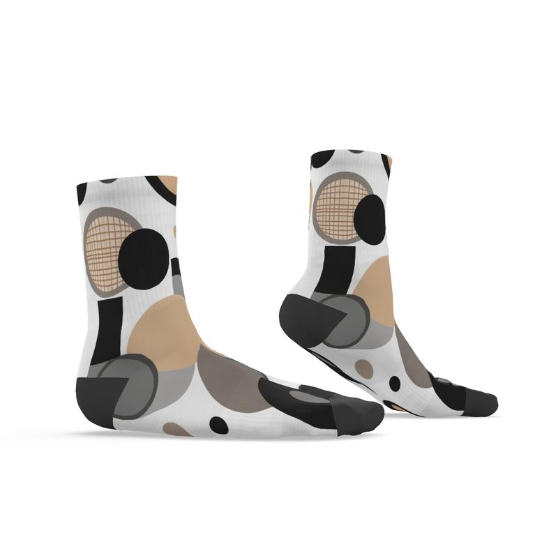 Pair of crew socks with circular dimension print, ribbed cuff and arch support, unisex — rear view