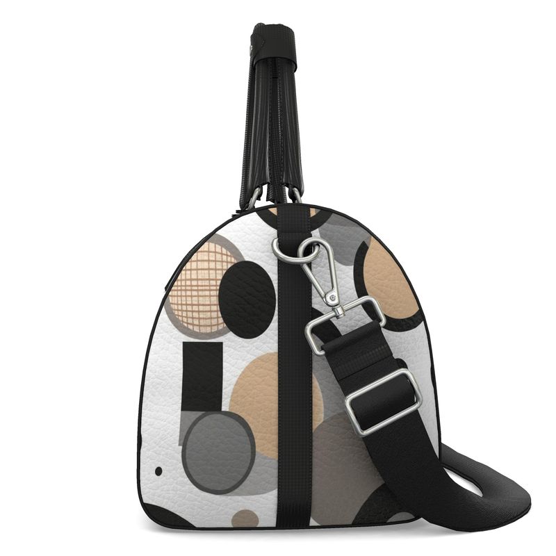 Beige and white Nappa leather duffle bag with circular design and double zip closure — side view