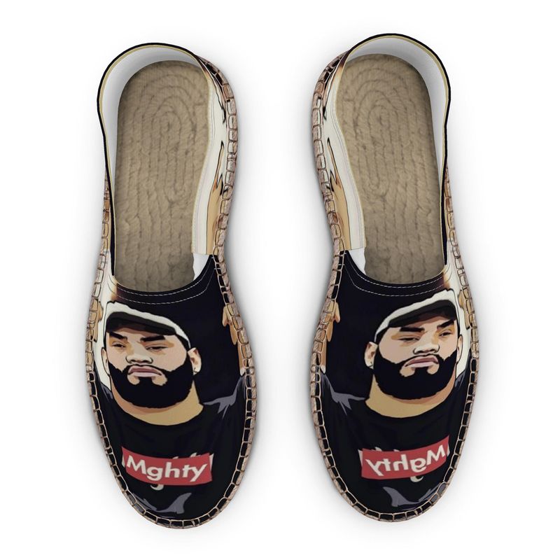 Black unisex espadrilles with caricature print, jute insole and non-slip rubber sole — alternate view
