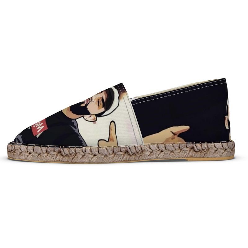 Black unisex espadrilles with caricature print, jute insole and non-slip rubber sole — product detail