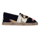 Black unisex espadrilles with caricature print, jute insole and non-slip rubber sole — side view
