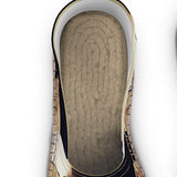 Black unisex espadrilles with caricature print, jute insole and non-slip rubber sole — rear view