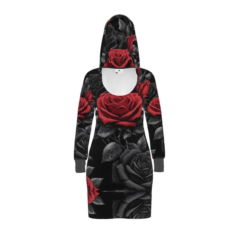 Black hooded jersey dress with black and red rose print, drawstring hood and kangaroo pocket — alternate view