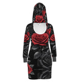 Black hooded jersey dress with black and red rose print, drawstring hood and kangaroo pocket — product detail