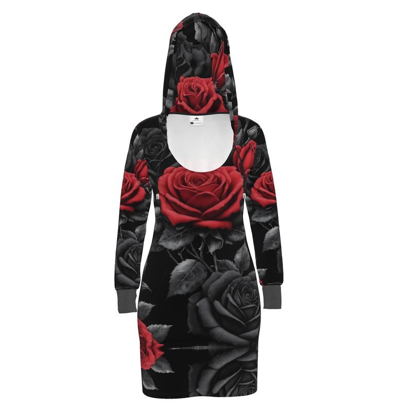 Black hooded jersey dress with black and red rose print, drawstring hood and kangaroo pocket — product detail