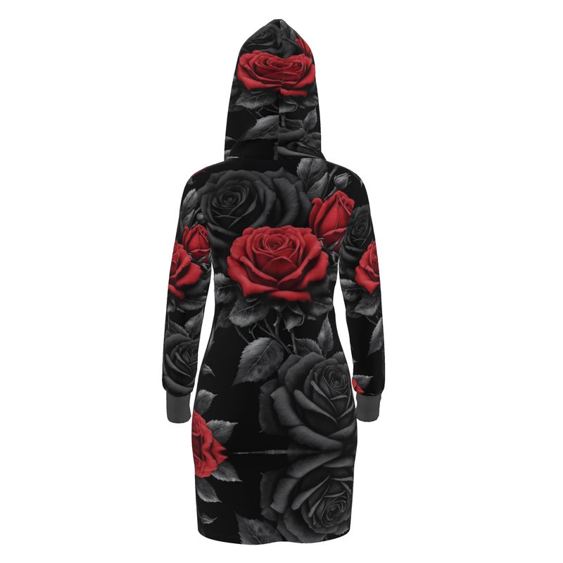 Black hooded jersey dress with black and red rose print, drawstring hood and kangaroo pocket — side view